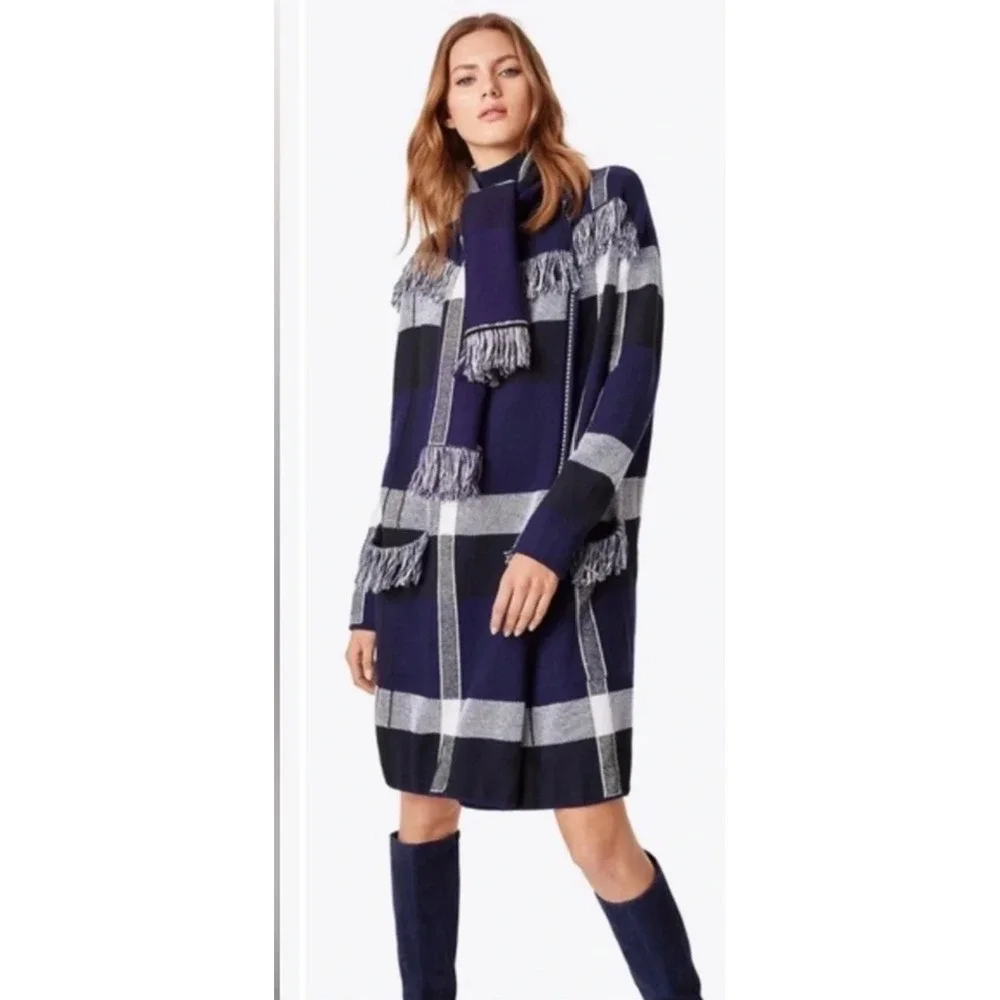 Tory Burch Jacket Women Medium Sweater Coat Cardigan Gwen Plaid Open Fringe Wool